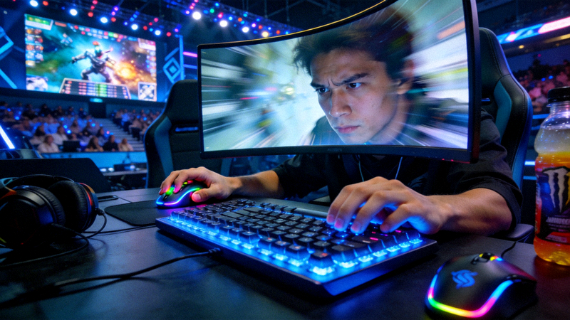 电竞选手在比赛现场专注操作键盘和鼠标的紧张场景